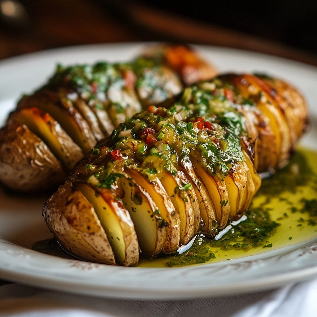 Hasselback potatoes topped generously with chimichurri sauce.